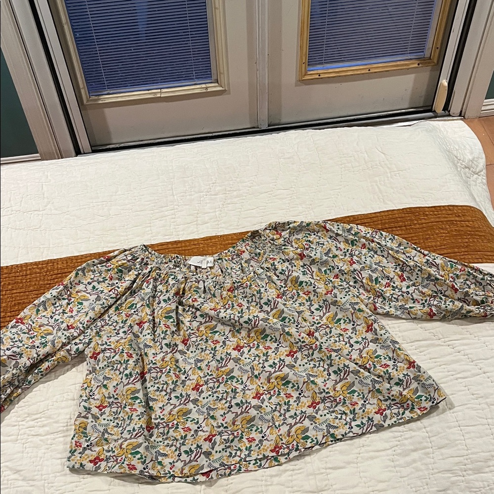 THE GREAT. Cream Yellow Green Floral Cotton Smock Long Sleeve Blouse 2 Medium - Picture 2 of 4